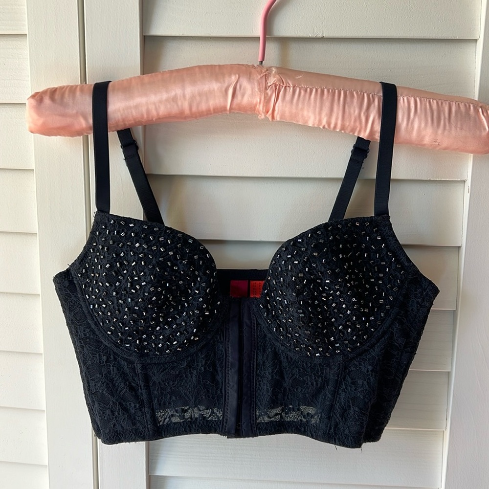Navy Lace Beaded Cropped Bustier - Small